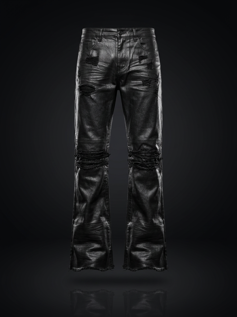 Coated Distressed Flare Jean